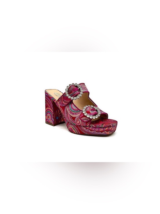 Exe Shoes - Rhinestone Buckle Pink Patterned Platform Sandal